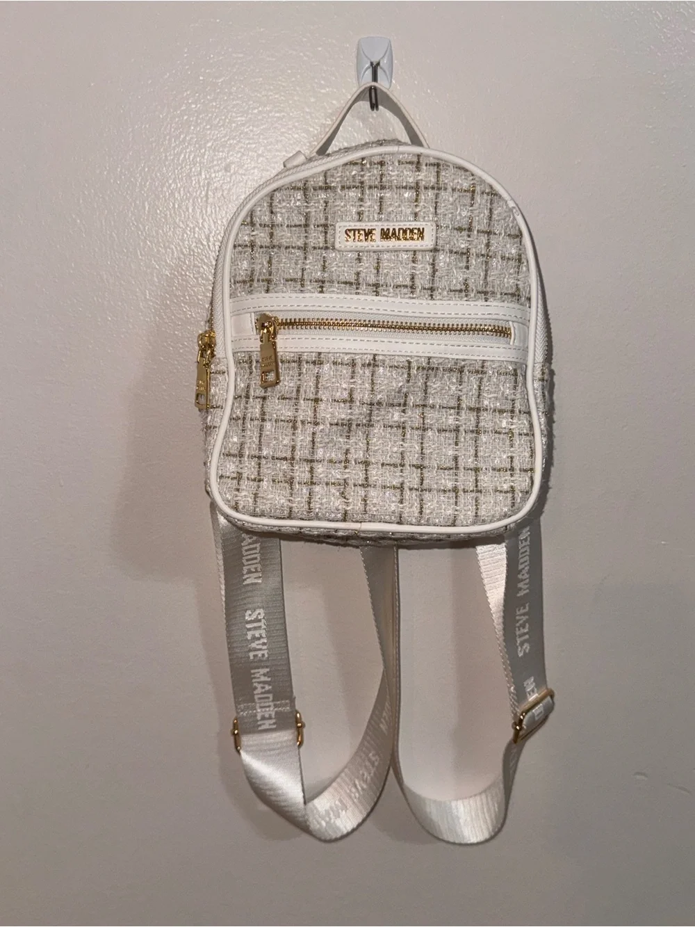 Steve Madden Mini Tweed Backpack White Gold Metallic Bag